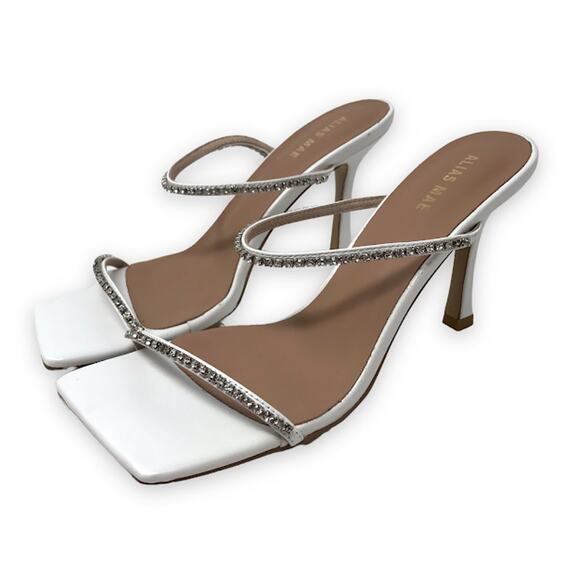 Alias Mae Lexa Mule Heels 7 Rhinestone Crystal Square Toe Double Strap Leather - Picture 1 of 12